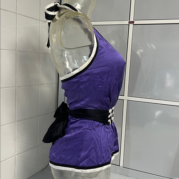 Bebe 2008 Silky Purple Peplum Deep Plunge Halter XS - Picture 3 of 16